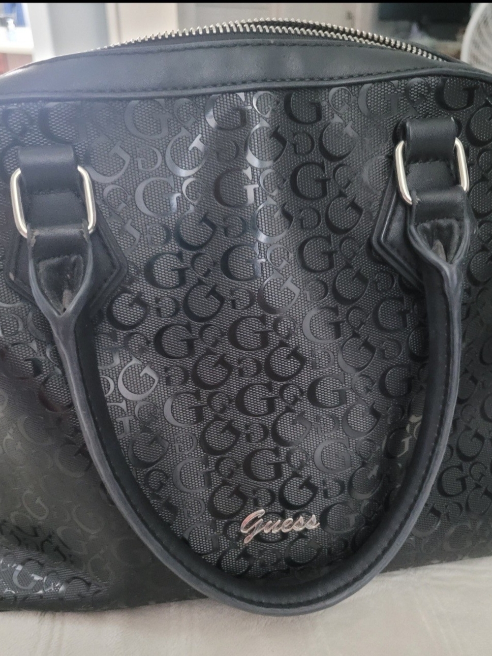 Guess Black Logo-Print Cresent Shape Handbag with Silver Hardware